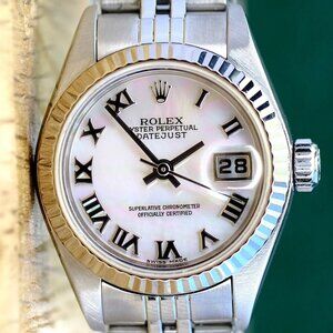 ROLEX DATEJUST WHITE MOTHER OF PEARL ROMAN DIAL 18KW FLUTED JUBILEE WATCH 79174